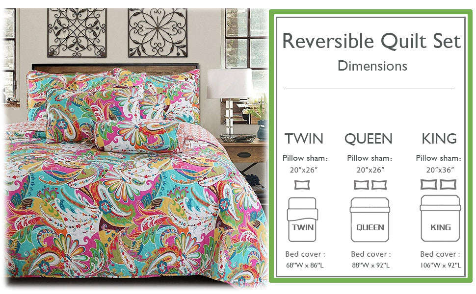 Flourish Multicolor 3-Piece Reversible Quilt Bedding Set Otarealm