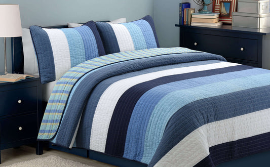 Sophisticated Shades of Ocean Blues Stripped Cotton Reversible Quilt Bedding Set Otarealm