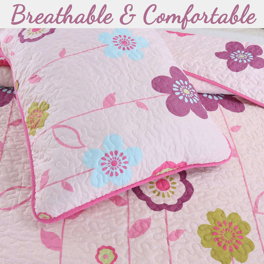 Pink Flower Garden Girl Print Reversible Quilt Bedding Set Otarealm