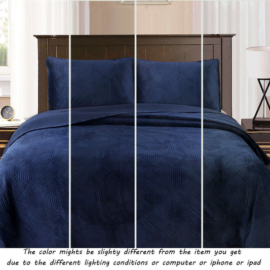 Soft Velvet Basket Weave Stripe Solid Blue or Grey 3-Piece Reversible Quilt Bedding Set Otarealm