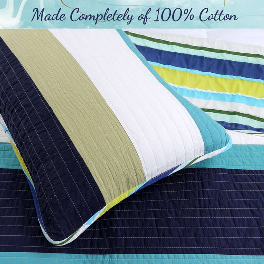 Aquamarine Striped Navy Blue Green Star Dot Cotton Reversible Quilt Bedding Set Otarealm