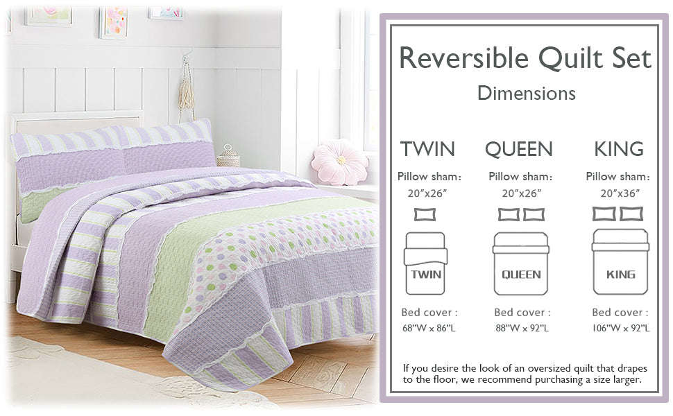 Lilac Purple Green Stripe Polka Dot Checker White Ruffle Real Patchwork Cotton Reversible Quilt Bedding Set Otarealm