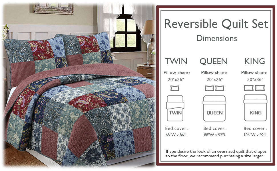 Country Cozy Blue Rose Floral Paisley Garden Cotton 3 Piece Patchwork Quilt Bedding Set Otarealm