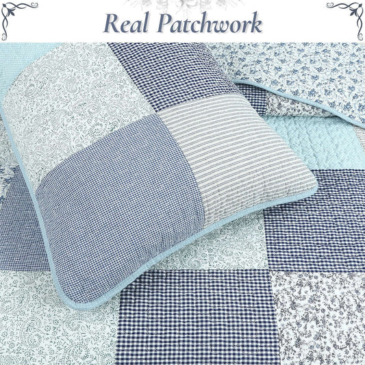 Subtle Cozy Blue Checker Cottage Floral Stripe Cotton 3 Piece Patchwork Quilt Bedding Set Otarealm