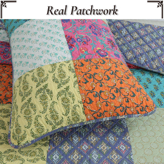 Bold Bright Multi Color Boho Floral Patchwork 3 Piece Cotton Quilt Bedding Set Otarealm