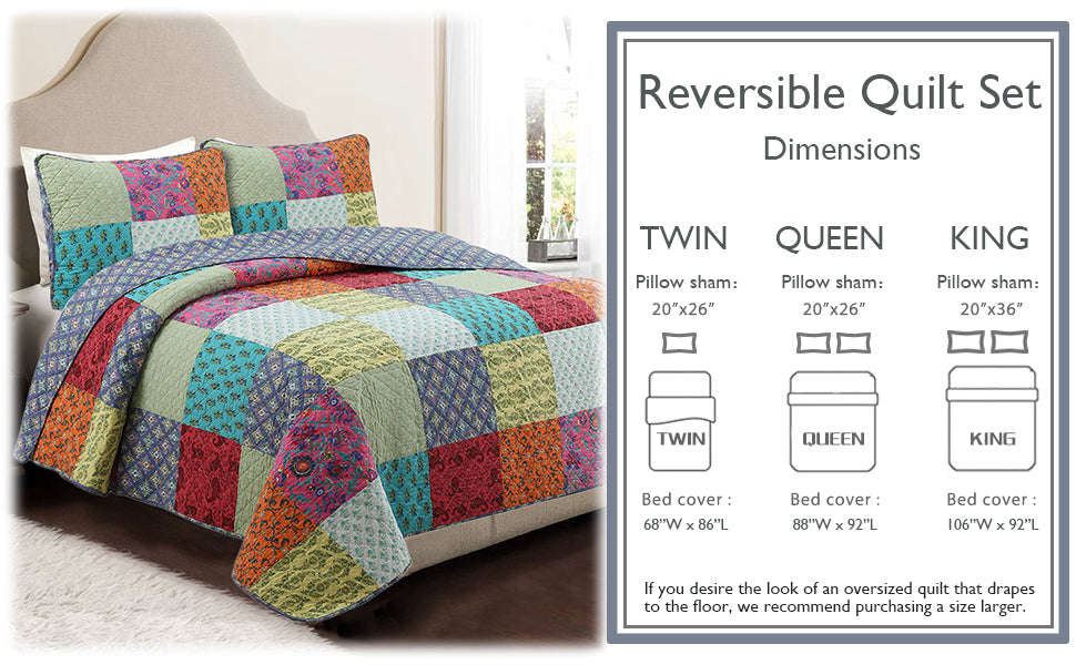 Bold Bright Multi Color Boho Floral Patchwork 3 Piece Cotton Quilt Bedding Set Otarealm