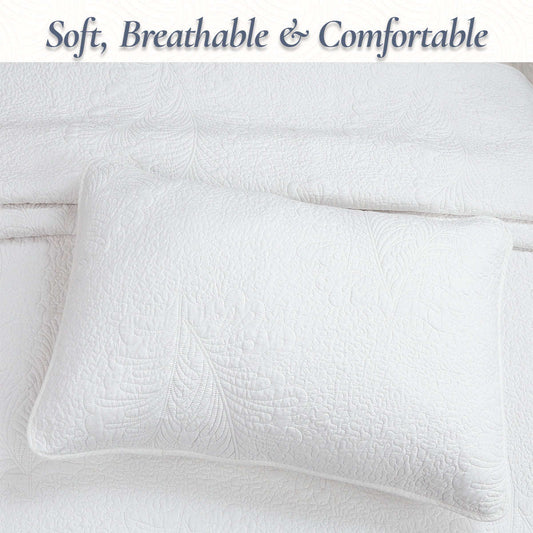 Classic Modern Palm Leaf Stitch Solid White 100% Cotton 3 Piece Quilt Bedding Set Otarealm