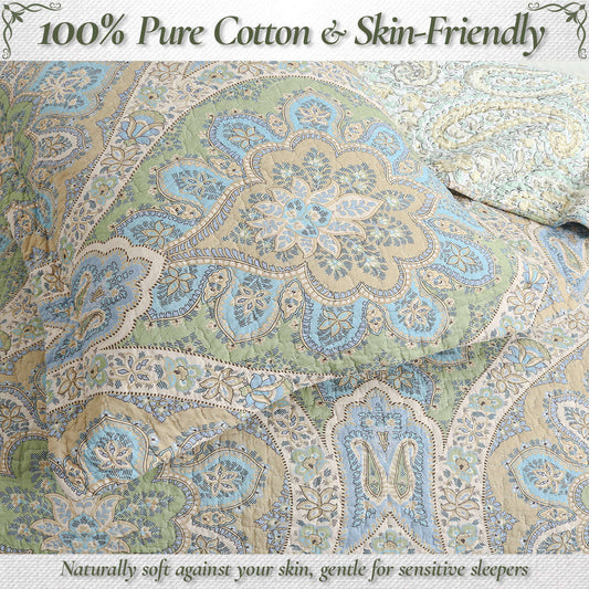 Tweedia Blue Green Floral Paisley Damask 3 Piece Cotton Quilt Bedding Set Otarealm