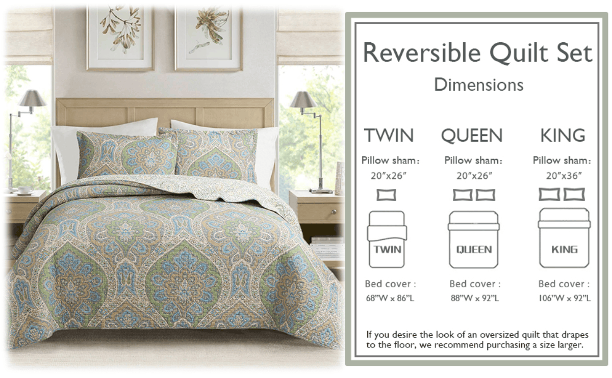 Tweedia Blue Green Floral Paisley Damask 3 Piece Cotton Quilt Bedding Set Otarealm