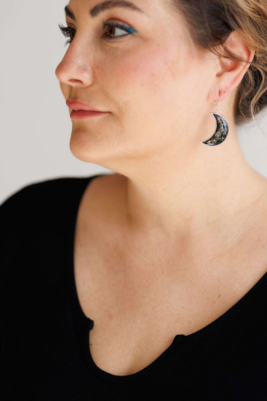 Midnight Moon Crescent Earrings with Pressed Flowers Otarealm