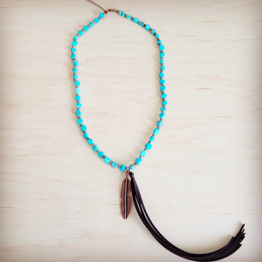 **Turquoise & Copper Necklace w/ Feather Tassel Pendant 264c