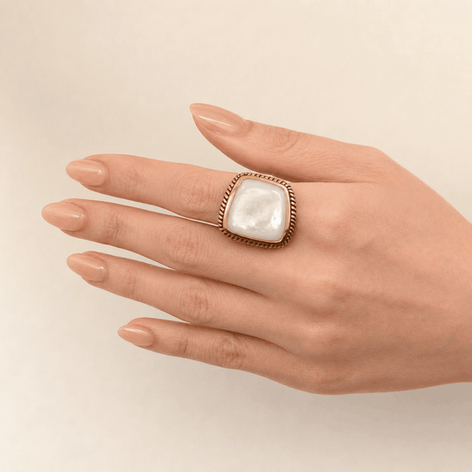 Roped White Mother of Pearl and Golden Statement Ring Otarealm