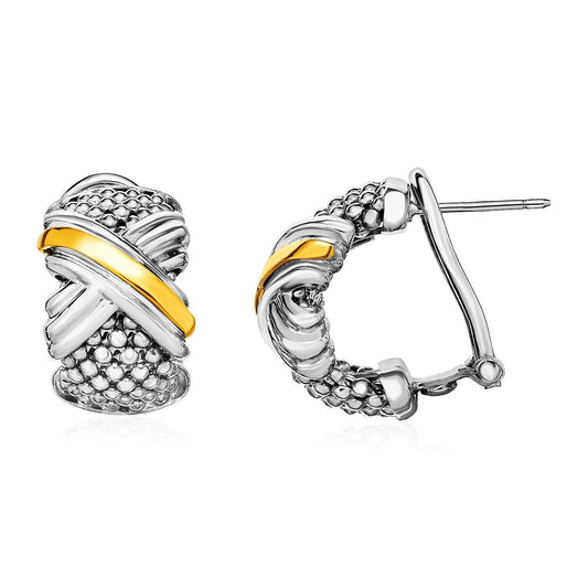 Popcorn Texture Earrings with X Motif in Sterling Silver and 18k Yellow Gold Otarealm