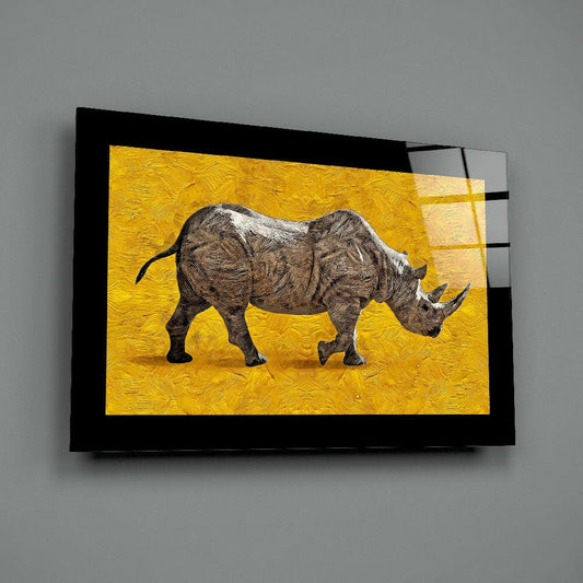 Yellow Impasto Walking Rhino Glass Wall Art