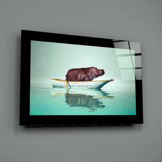 Hippo in Rowboat on Turquoise Sea Glass Wall Art