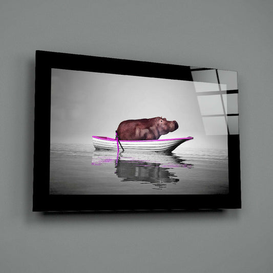 Hippo in Pink Trimmed Boat on Gray Glass Wall Art