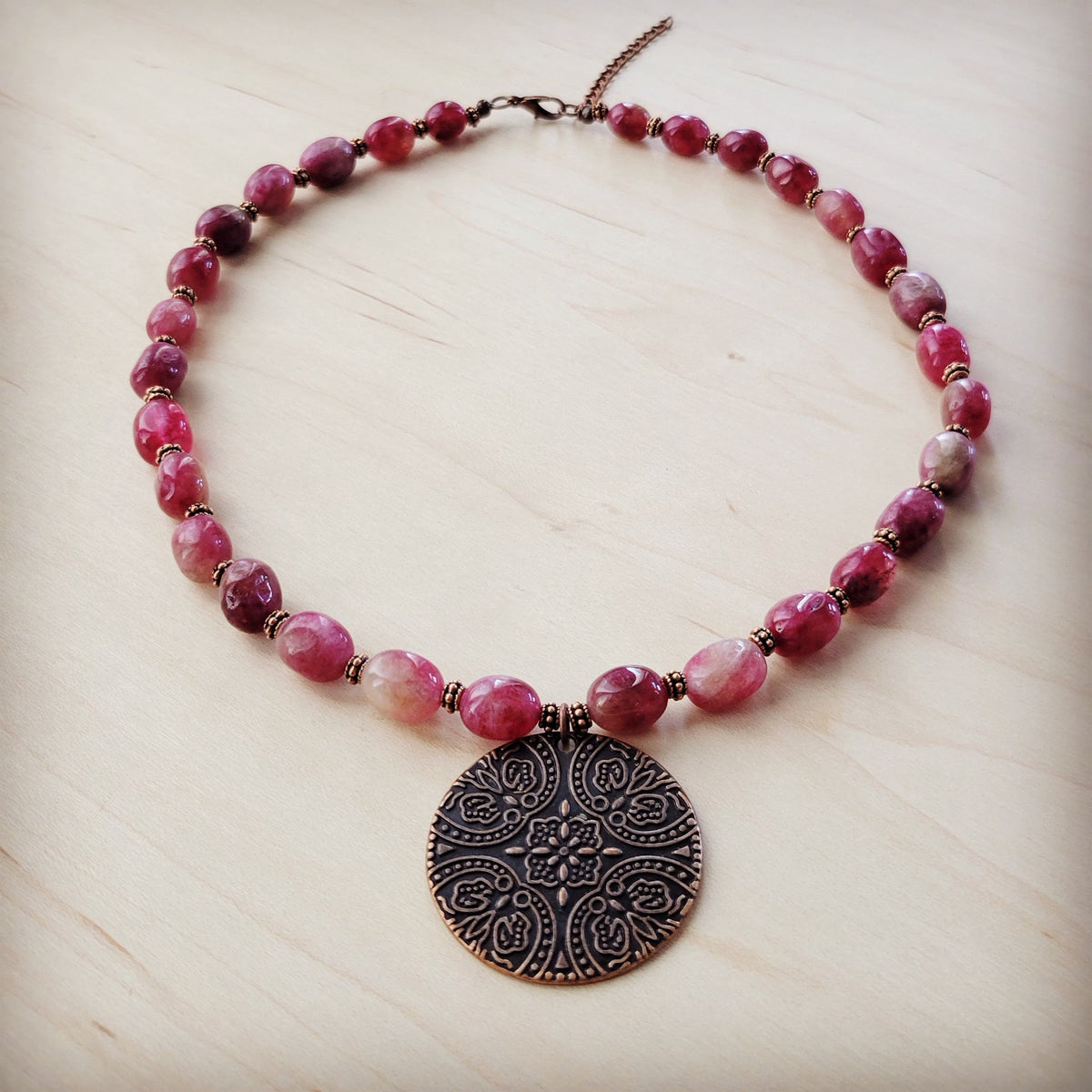 **Natural Pink Jade Beaded Collar Necklace w/ Scroll Pendant 261L