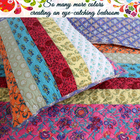Vibrant Stripe Real Patchwork 3-Piece Cotton Reversible Quilt Bedding Set Otarealm