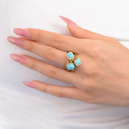 Multi-Shape Blue Turquoise and Golden Trio Ring Set Otarealm