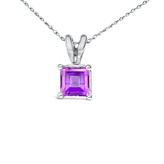 14K White Gold 5x5 MM Square Shaped Purple Amethyst Solitaire Pendant Necklace