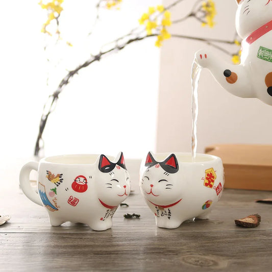 Cute Japanese Lucky Cat Porcelain Tea Set, Creative Maneki Neko Ceramic Tea Cup Pot with Strainer