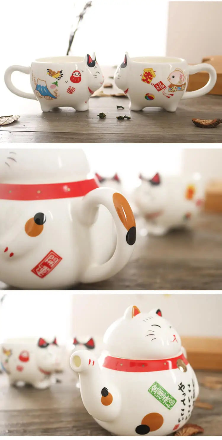 Cute Japanese Lucky Cat Porcelain Tea Set, Creative Maneki Neko Ceramic Tea Cup Pot with Strainer