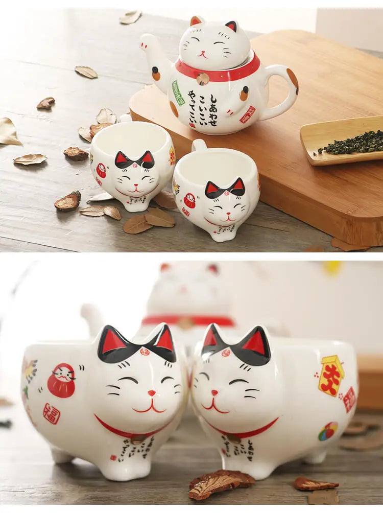 Cute Japanese Lucky Cat Porcelain Tea Set, Creative Maneki Neko Ceramic Tea Cup Pot with Strainer
