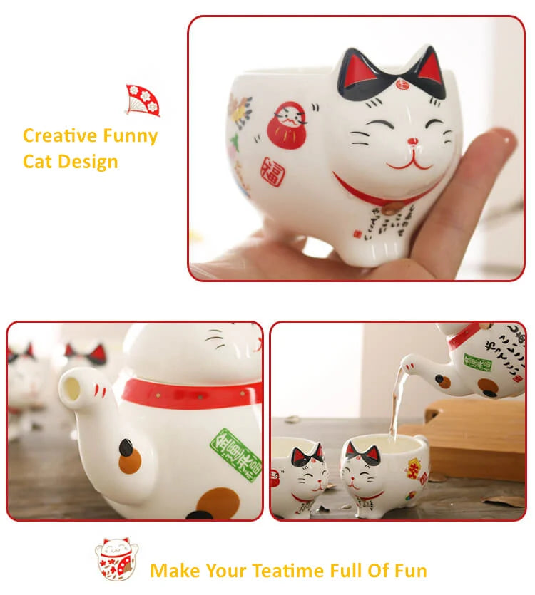 Cute Japanese Lucky Cat Porcelain Tea Set, Creative Maneki Neko Ceramic Tea Cup Pot with Strainer