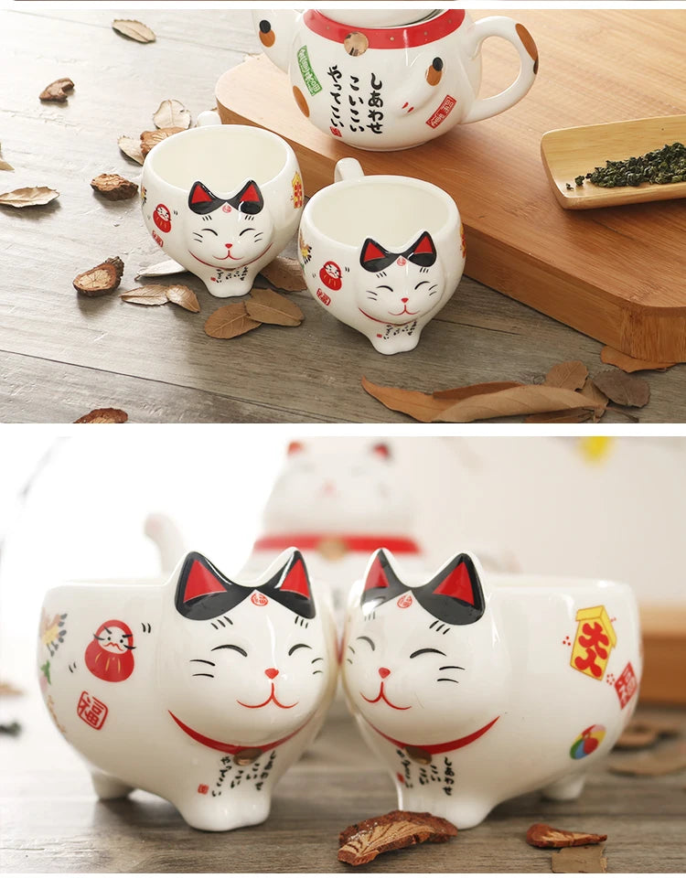 Cute Japanese Lucky Cat Porcelain Tea Set, Creative Maneki Neko Ceramic Tea Cup Pot with Strainer