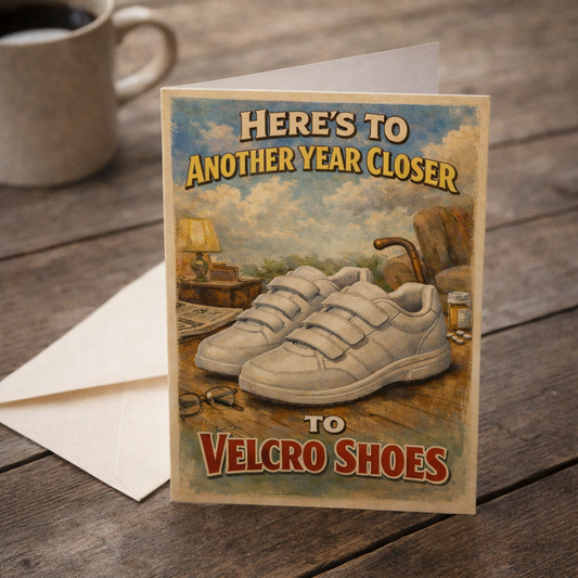 Heres to Another Year Closer to Velcro Shoes Birthday Card