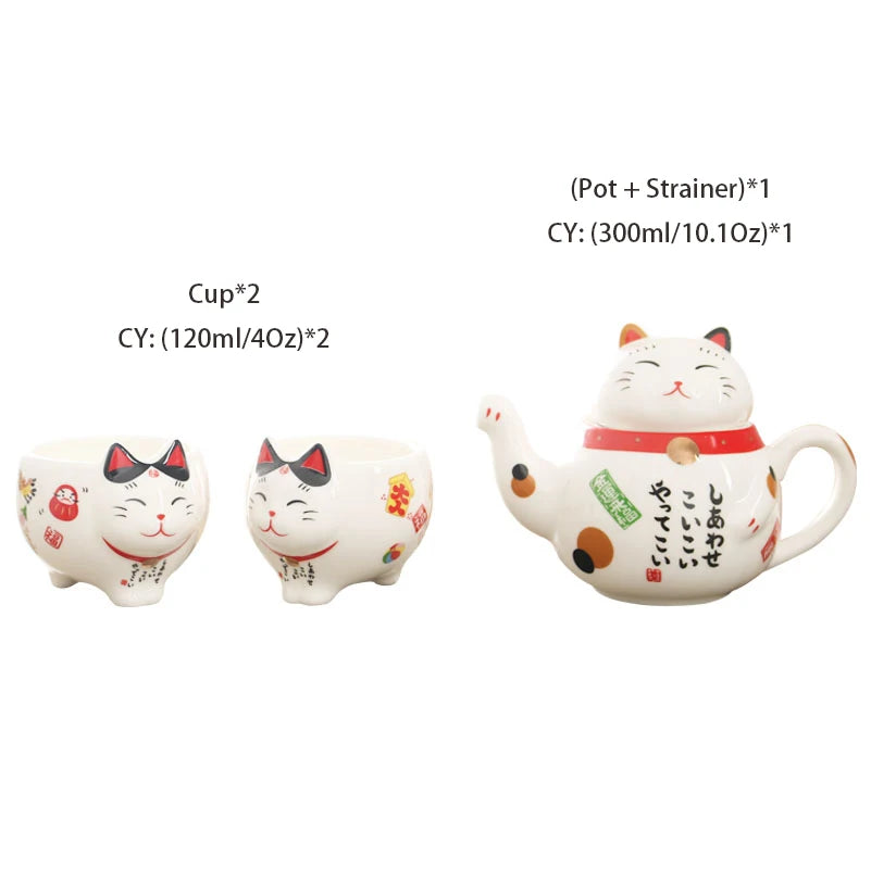 Cute Japanese Lucky Cat Porcelain Tea Set, Creative Maneki Neko Ceramic Tea Cup Pot with Strainer