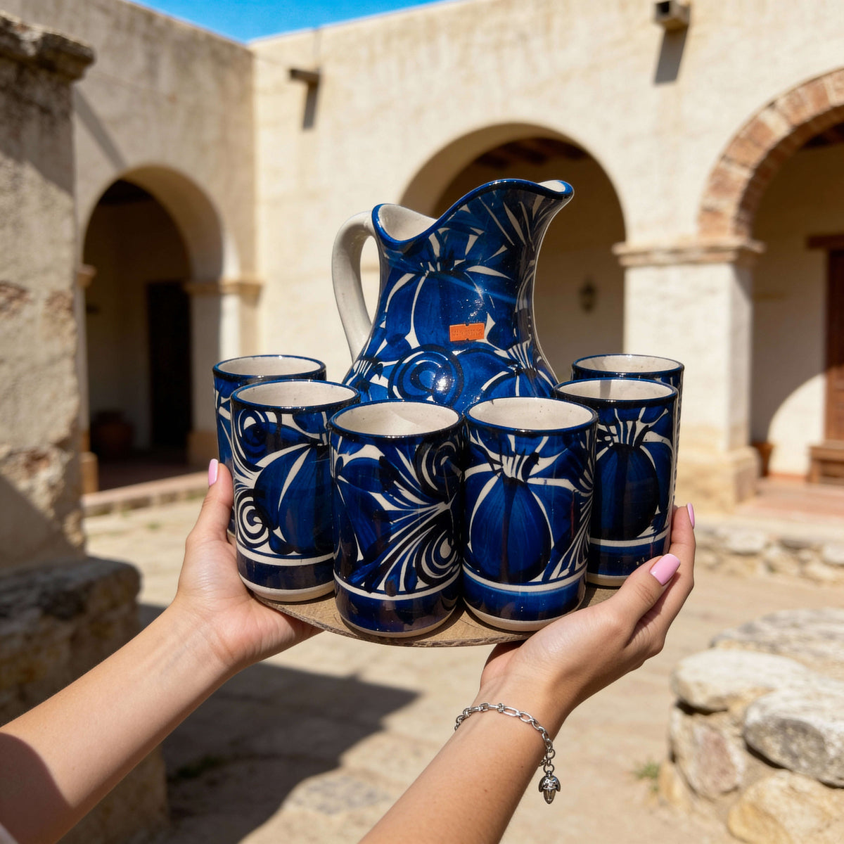 Mexican Blue Ceramic Pitcher Set Otarealm