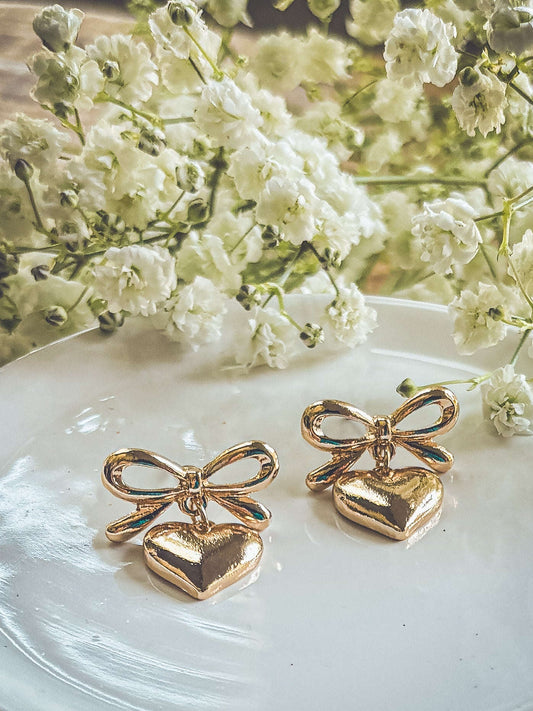 Beautiful Gold Heart Bow Earrings Otarealm