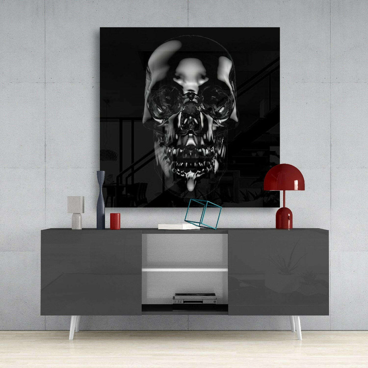Glossy Black Chrome Skull Glass Wall Art Otarealm
