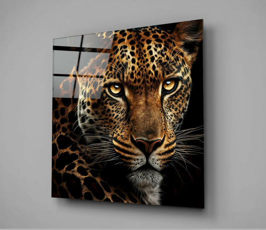 Amber Eyed Leopard Face Glass Wall Art