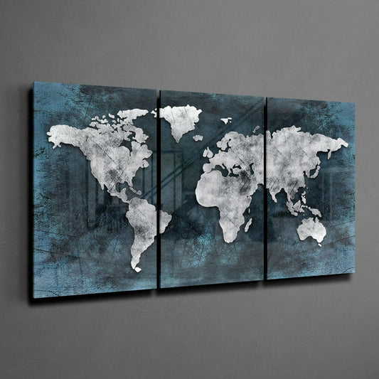White World Map Teal Grunge Glass Wall Art