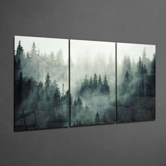 Triptych Misty Pine Treetops Glass Wall Art