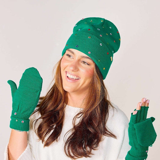 Emerald Knit Rhinestone Beanie and Mittens Set Otarealm