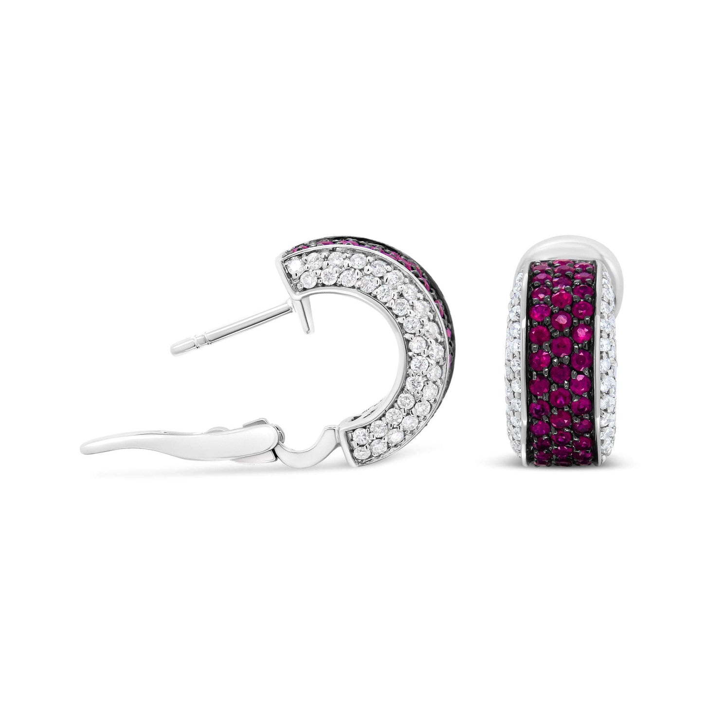 18K White Gold and Black Rhodium Plated 3/4 Cttw Round Diamonds and 1mm Round Red Ruby Huggie Hoop Earrings (F-G Color, VS1-VS2 Clarity) Otarealm