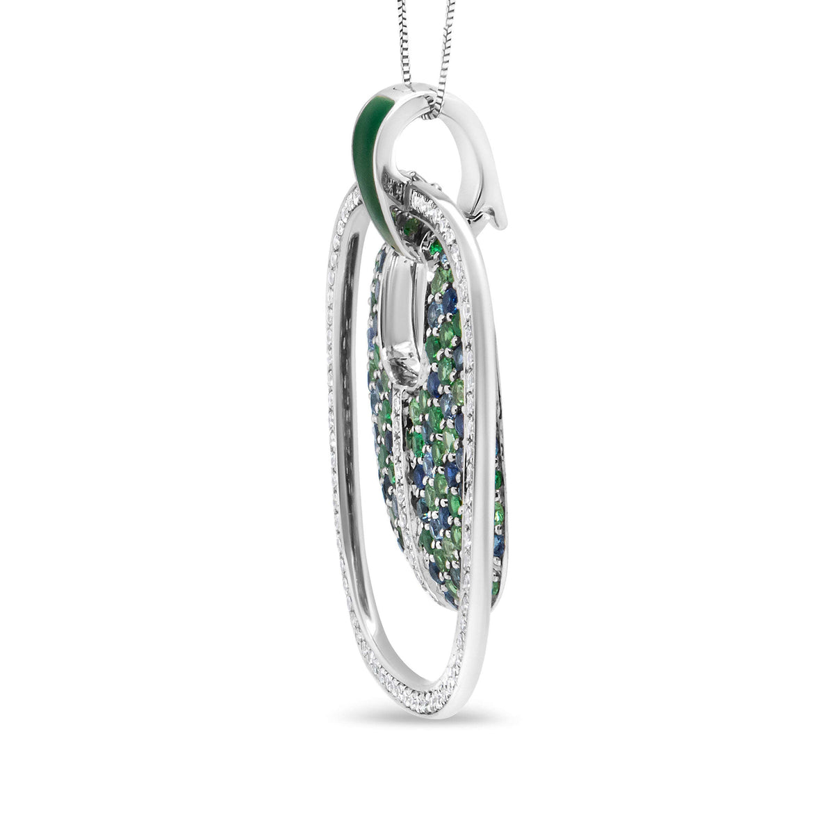 .925 Sterling Silver Green Enamel Pendant with 1/2 Cttw Diamond, Sapphire, and Tsavorite Openwork Statement 18" Pendant Necklace (F-G Color, VS1-VS2 Clarity) Otarealm