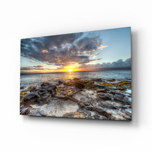 Rocky Shore Sunset Horizon Glass Wall Art
