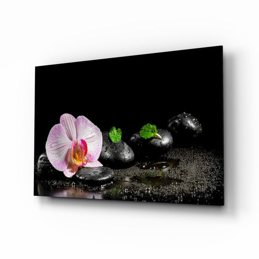 Pink Orchid Zen Stones Glass Wall Art