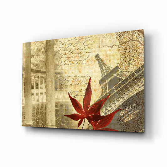 Red Maple Leaf Paris Tower Vintage Glass Wall Art