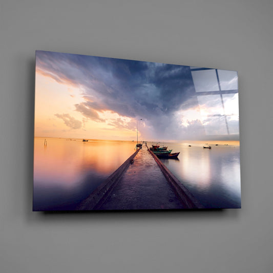 Stormy Sky Moored Fishing Boats Glass Wall Art