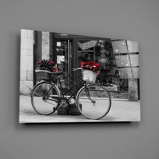Red Flower Basket Bicycle Shopfront Glass Wall Art