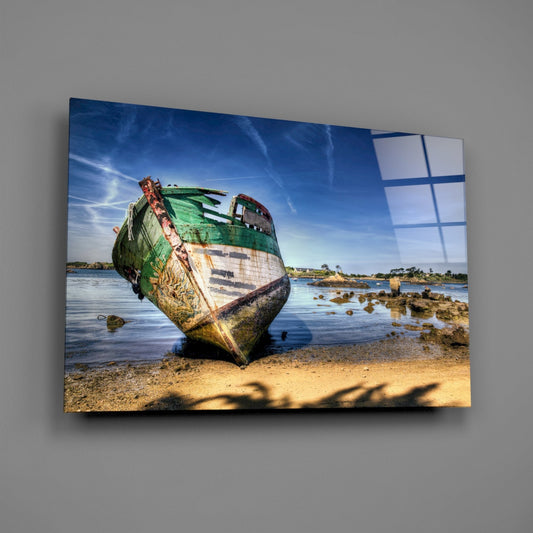 Abandoned Green Boat Blue Sky Glass Wall Art