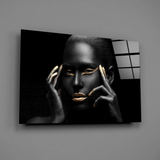 Gold Lips Framing Hands Woman Glass Wall Art