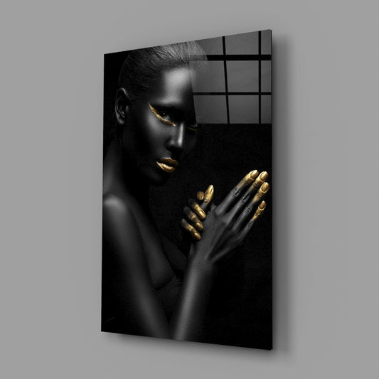 Gold Lips Praying Hands Woman Glass Wall Art