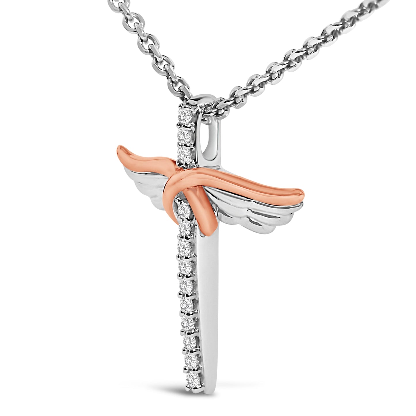 14K Rose Gold Plated Sterling Silver 1/5 Cttw Diamond Wing Cross Pendant Necklace Otarealm