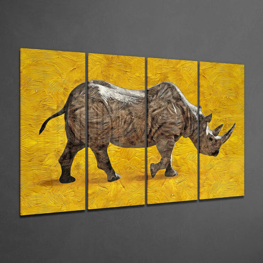 Walking Rhino on Golden Yellow 4 Pieces Mega Glass Wall Art